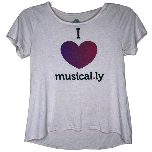 I Love Musical.ly Light Pink Hi Low Top Heart Girls Graphic Tee Youth Size XL - Picture 3 of 8